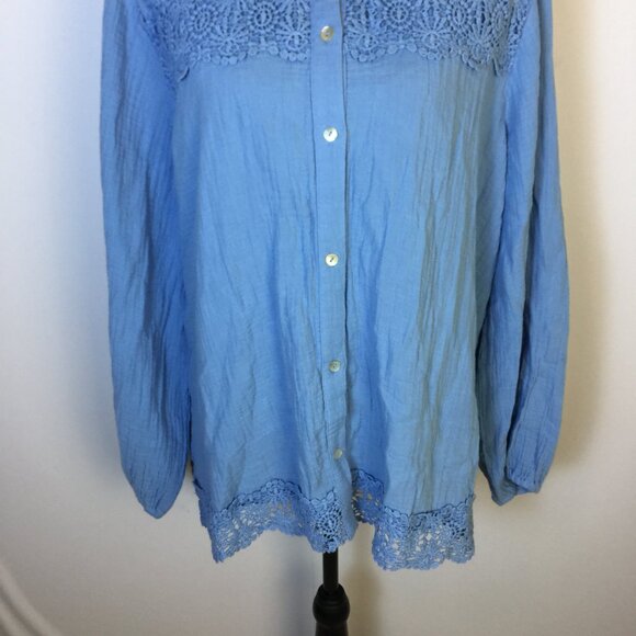 Susan Graver Pure Shirt Tunic Top XL Womans Blue Lace Trim Button Up Long Sleeve - Picture 12 of 16